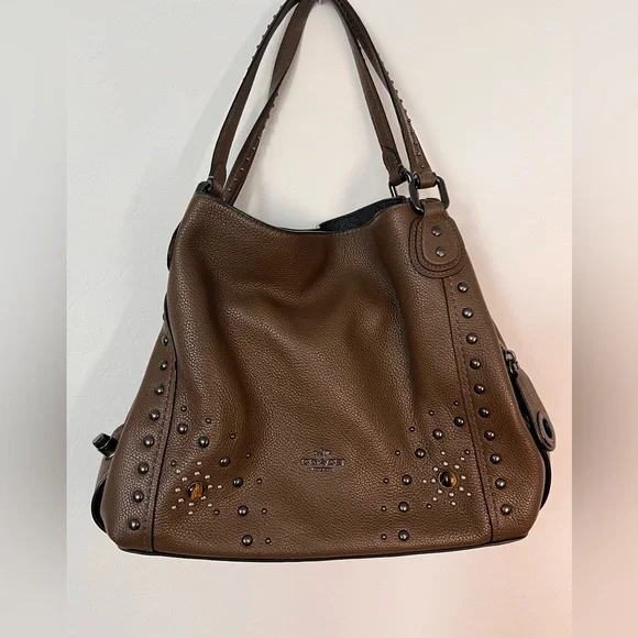 Coach Edie Brown Studded Leather Turn Lock Tote Bag - Picture 1 of 9